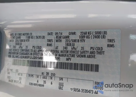 2015 Lincoln Mkc z USA, uszkodzony, nr VIN 5LMCJ2A90FUJ20149